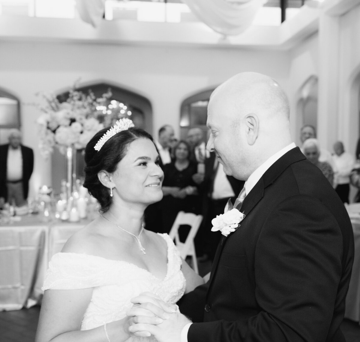 black-and-white-wedding-photography-bride-groom-intimate-first-dance-portrait