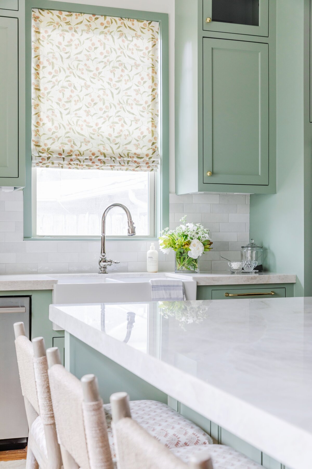 oyster creek studios oak forest remodel light green kitchen with white marble countertops