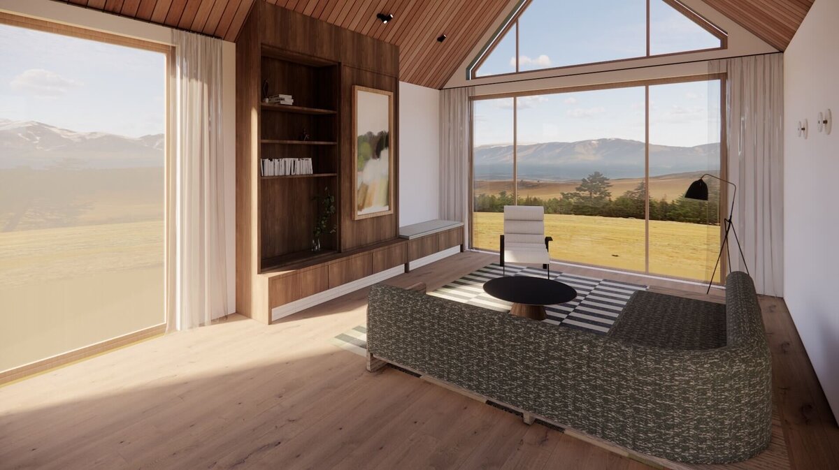 A living room with a pitched room, walnut cabinetry, olive green curved sofa and vintage armchair.