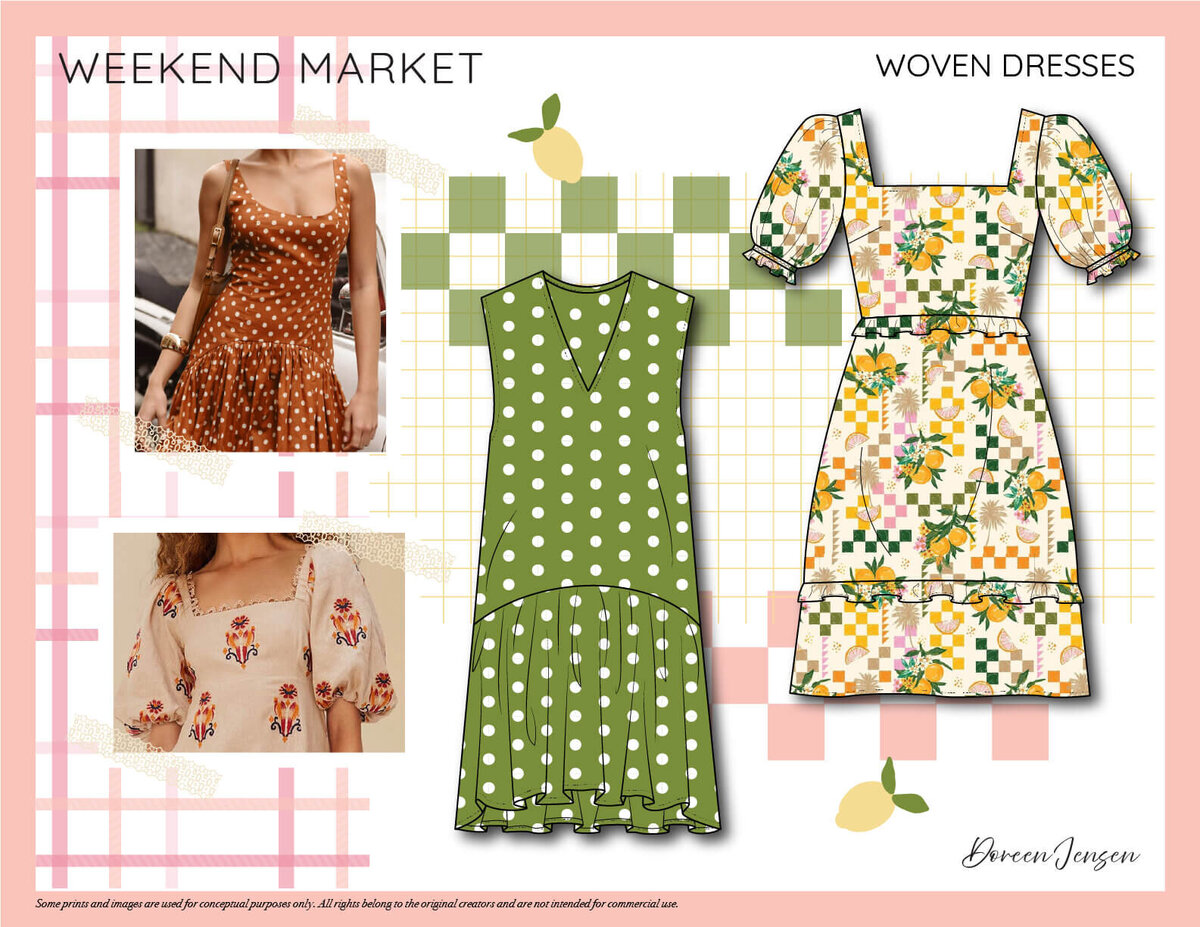 Flat sketches of orange floral and green polka dot woven dresses from the Weekend Market collection by Doreen Apparel, highlighting playful prints and feminine silhouettes.