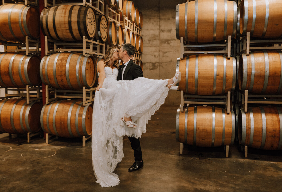 bride and groom in cellar