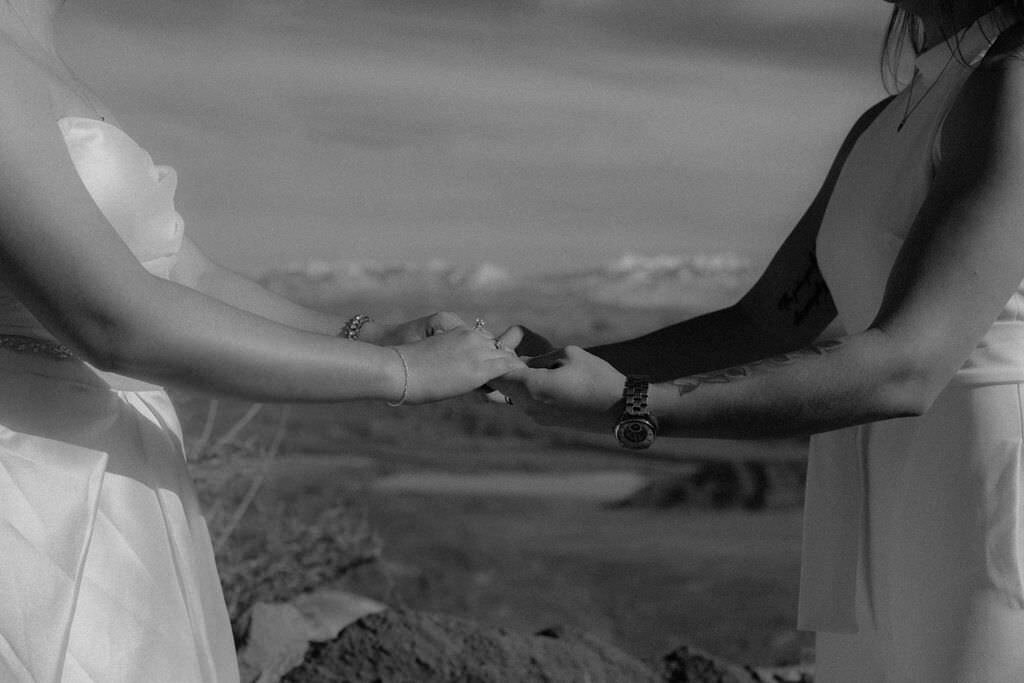 A wedding couple holding hands with a canyon in the distance.