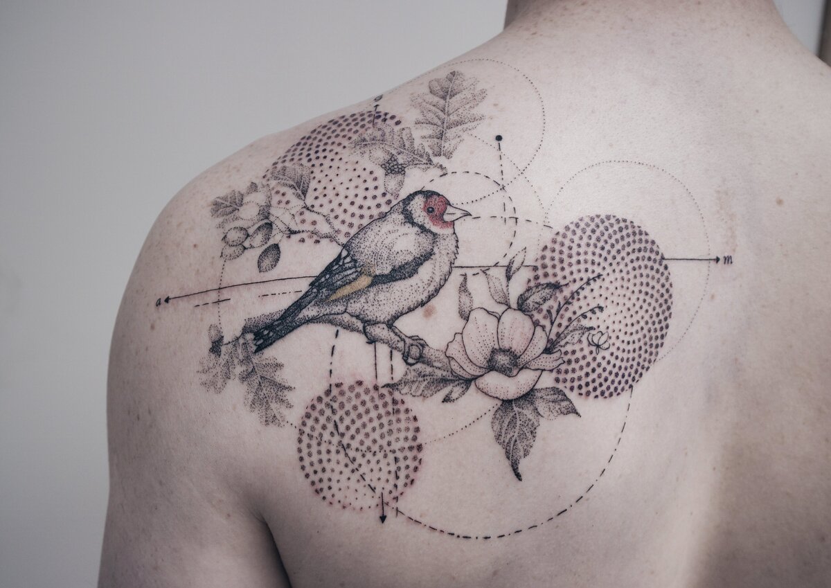 robin tattoo, pattern tattoo, floral tattoo, organic tattoo, geometric tattoo
