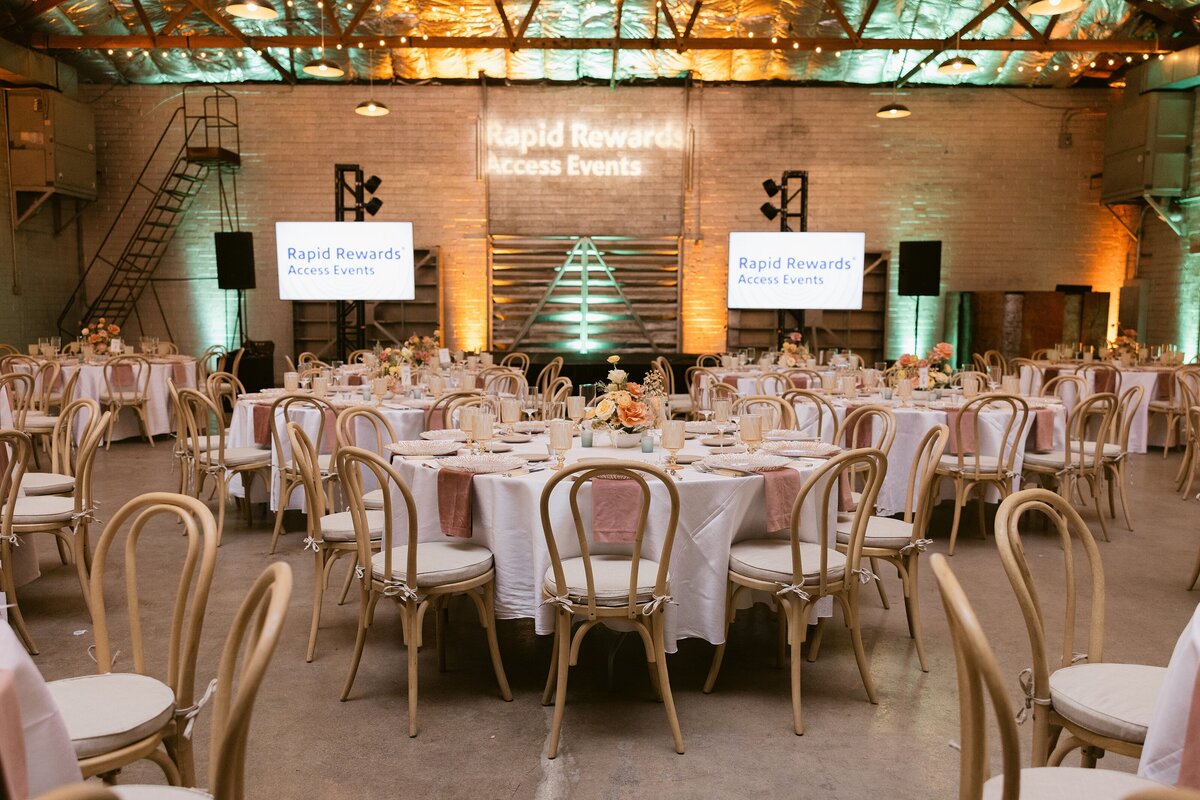 corporate dinner seating in warehouse for southwest airlines