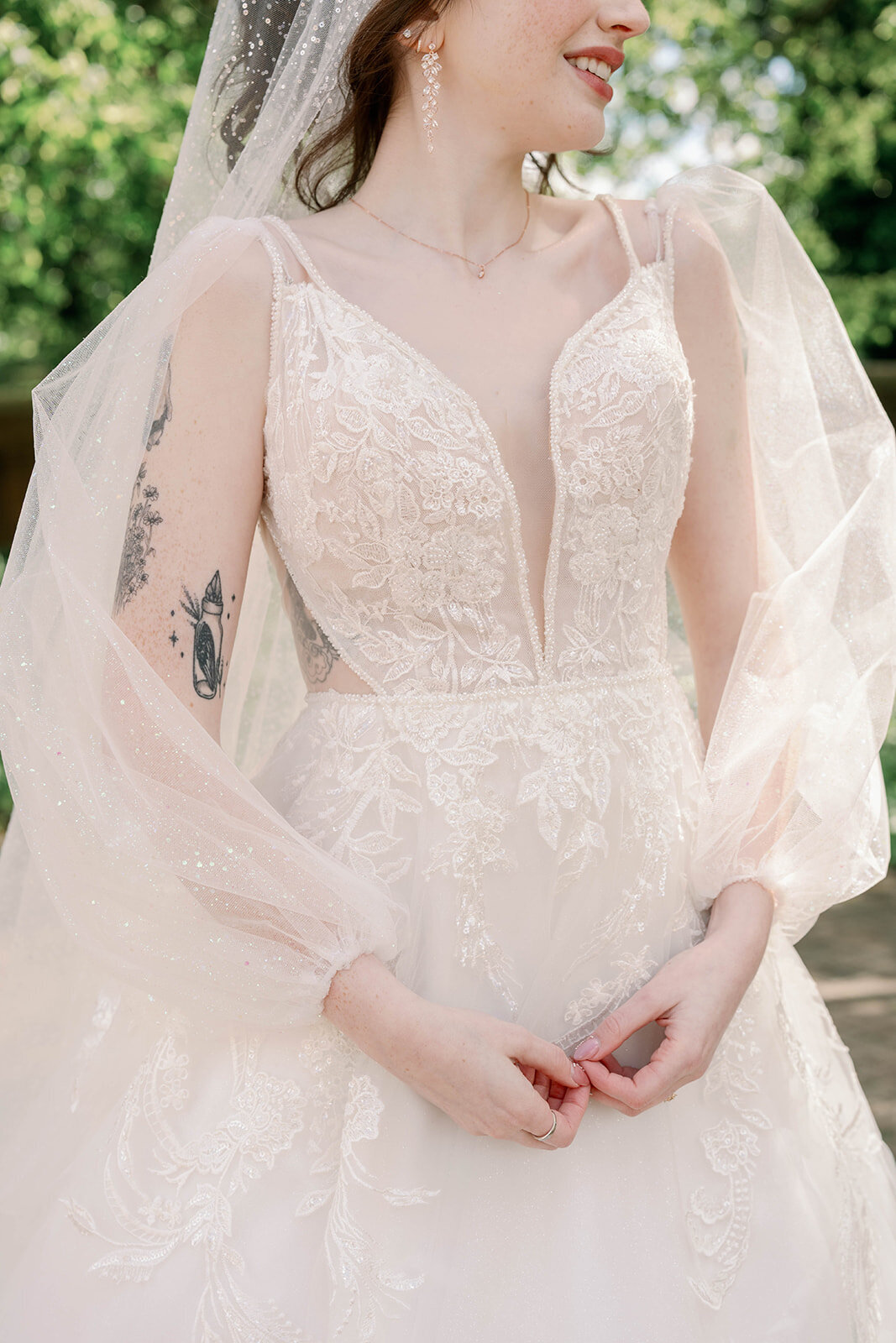 Bridal portrait with lace wedding gown during Record Box Loft wedding