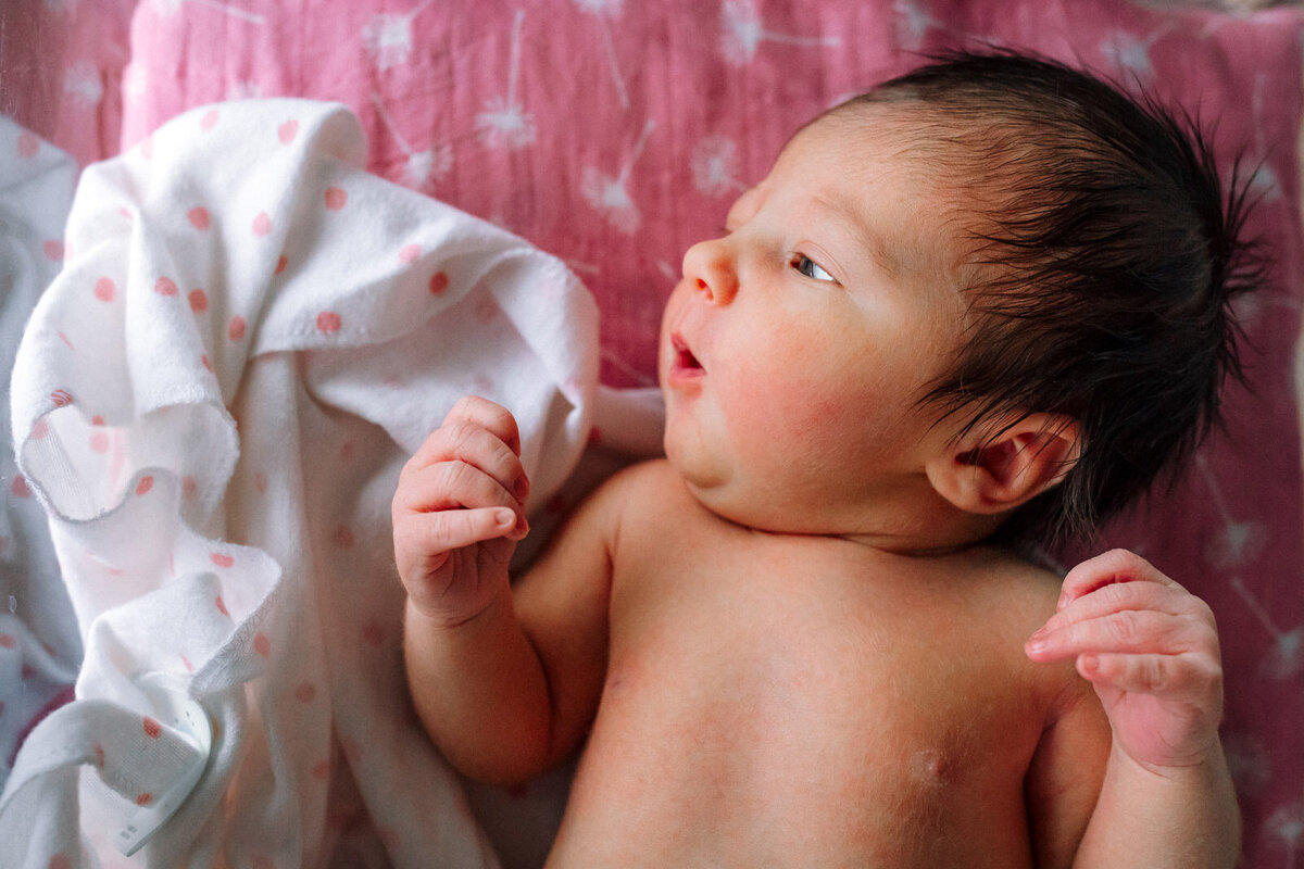 newborn with no shirt with two complimentary pink blankets