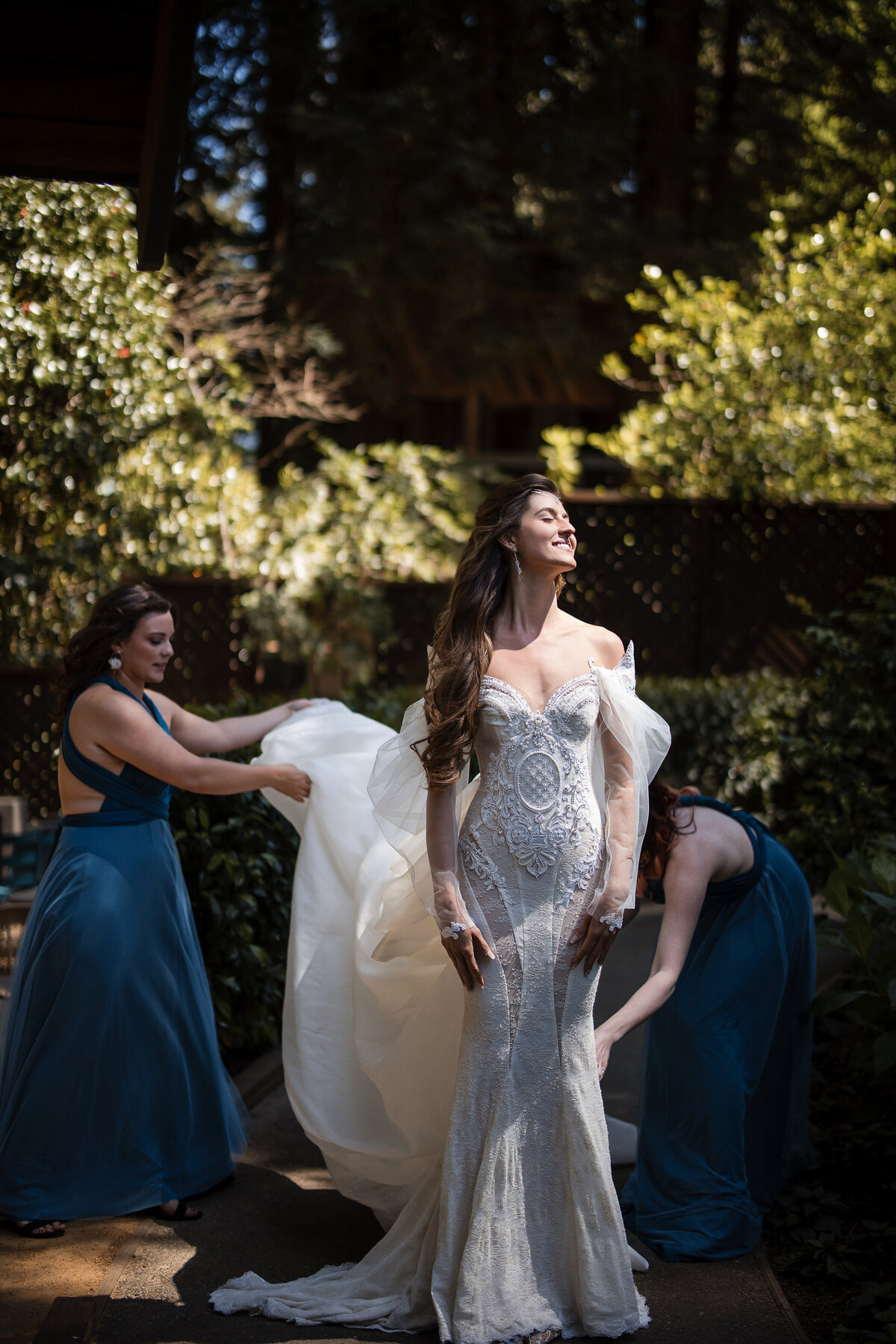 A bride gets ready at a destination wedding at Nestldown in Los Gatos, California