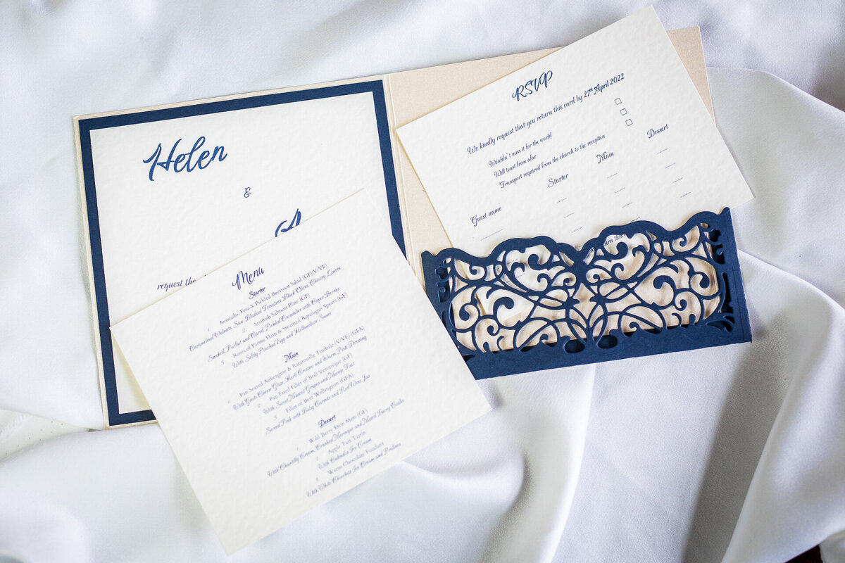 Classic navy and cream wedding invitations with lacy pocket