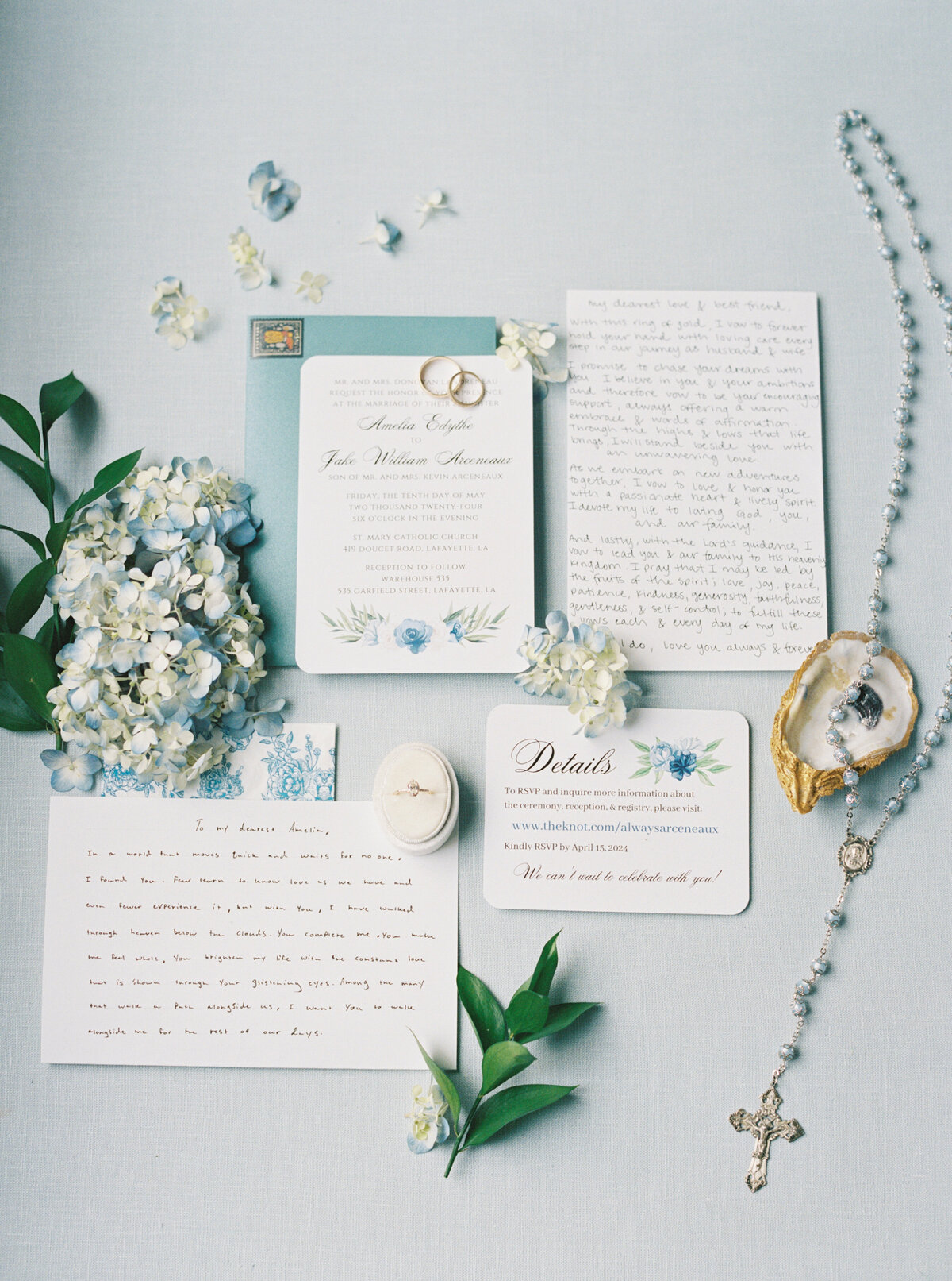 A refined blue and white wedding invitation suite, exuding timeless elegance and sophistication, beautifully captured on film by Morgan Alysse, Louisiana film photographer.