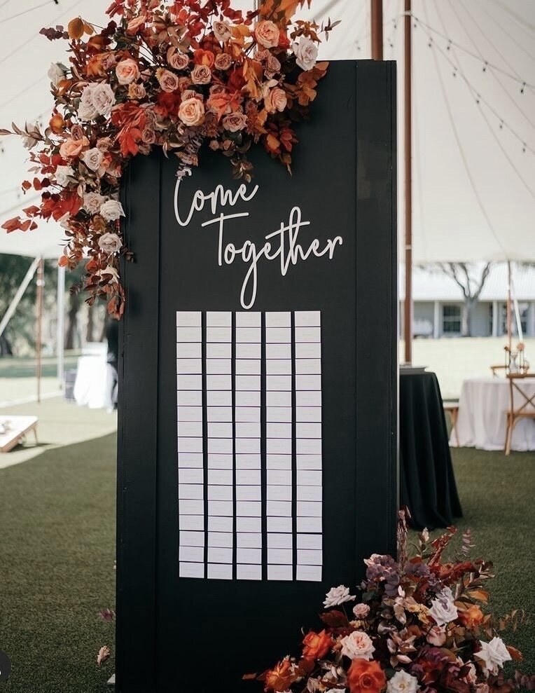 Black wedding reception seating chart backdrop design decorated with red florals