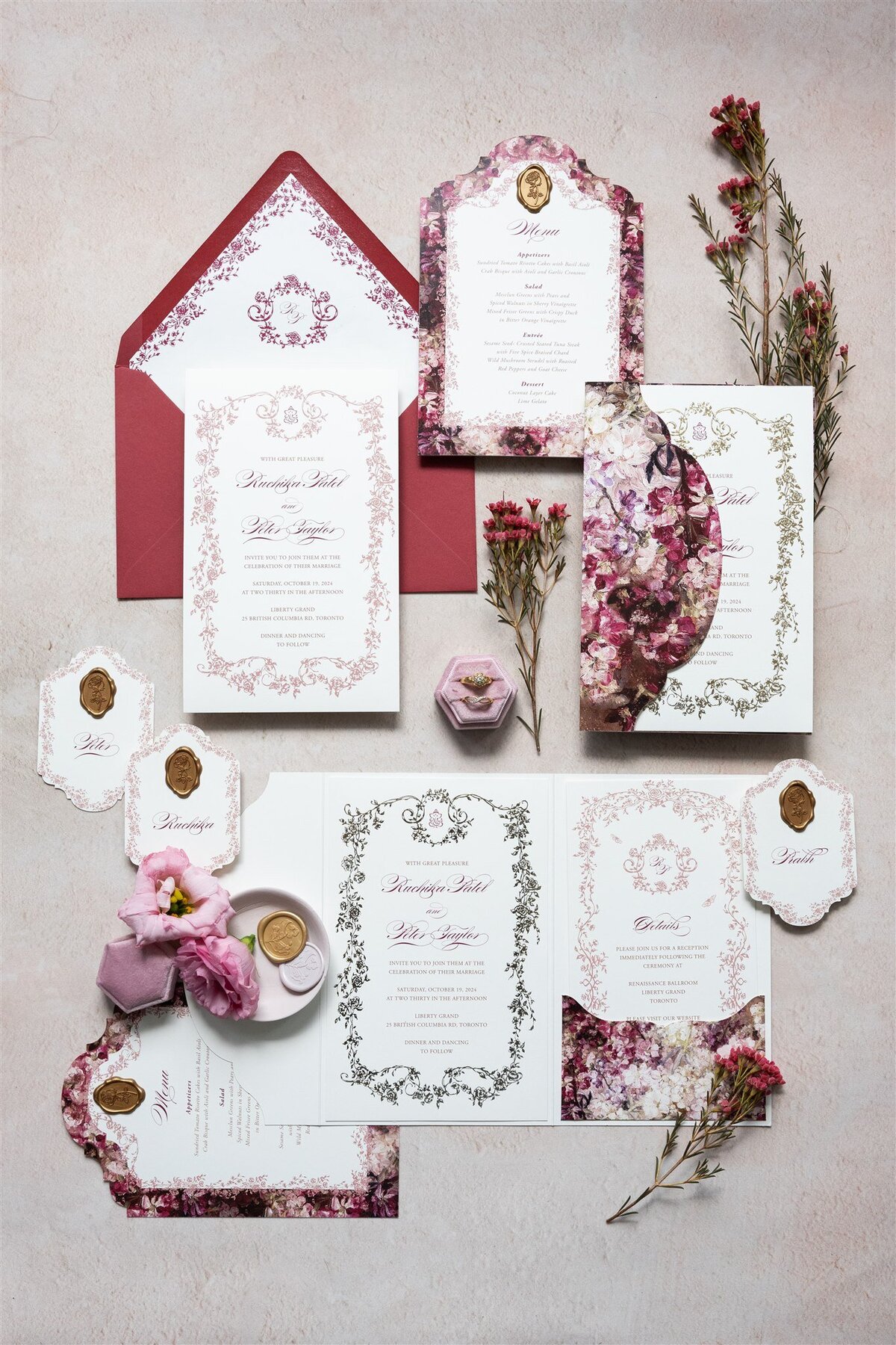G Designers Burgundy Gold Foil Wedding Invitation 1
