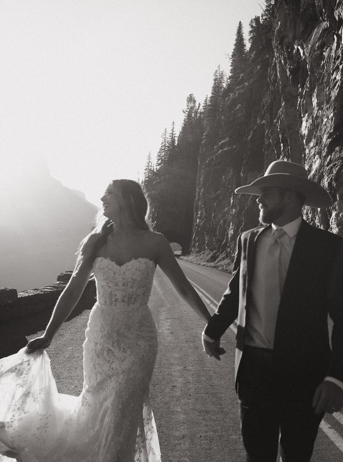 Bride and groom in the mountains for their wedding