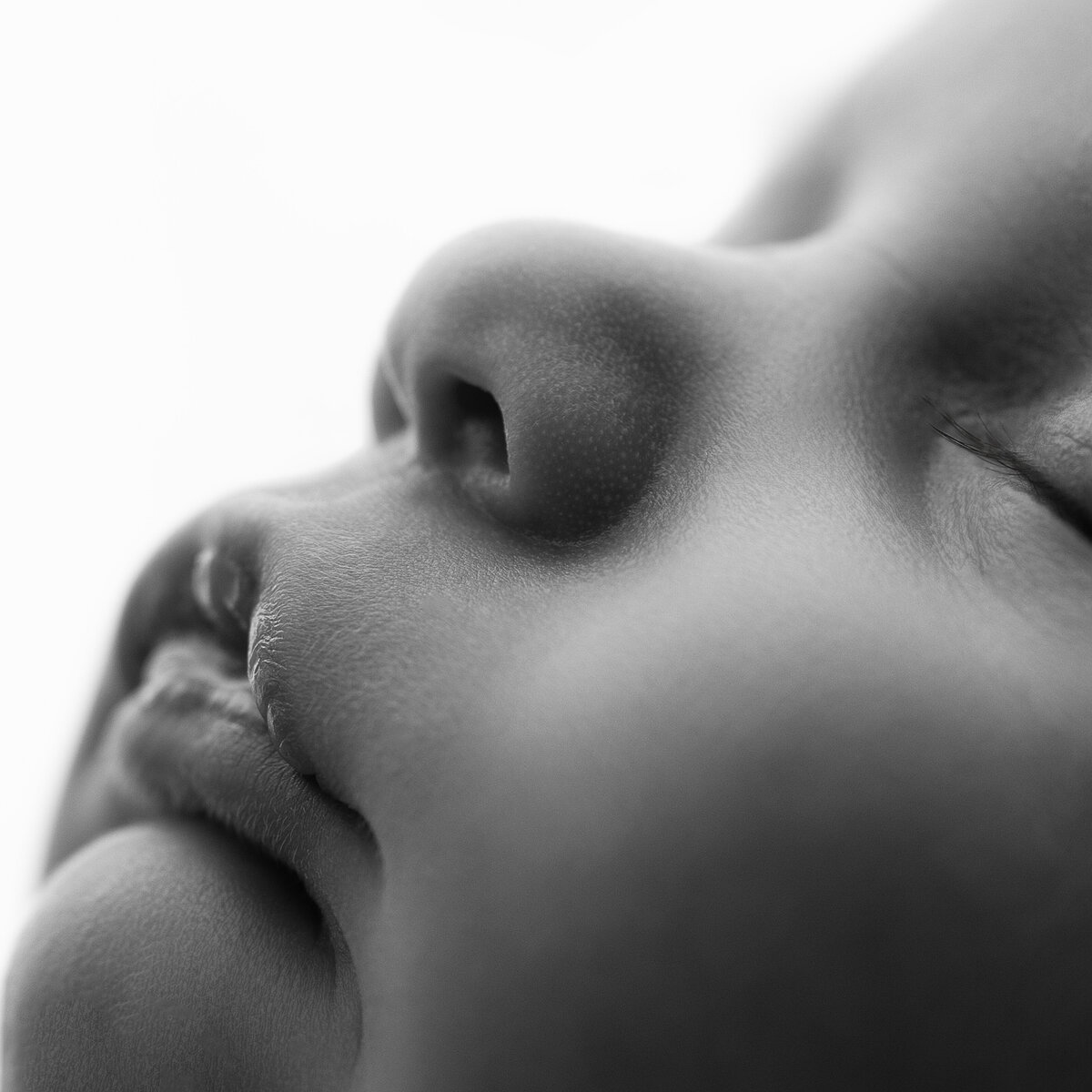 A soft side profile macro showing the gentle curve of baby’s nose and lashes—an intimate peek at newborn perfection.
