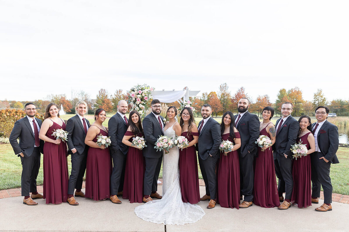 wedding party in gray and burgundy
