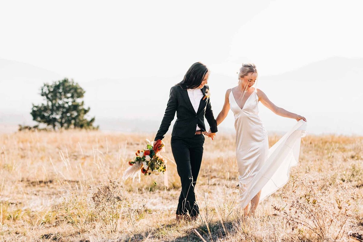 Montana same sex couple on wedding day, Blue Mountain, Missoula, MT