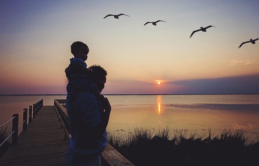 charlotte family photographer jamie lucido creates a beautiful silhouette image of a father and child at Corolla, north carolina, on a dock with birds and water in the background as the sun sets