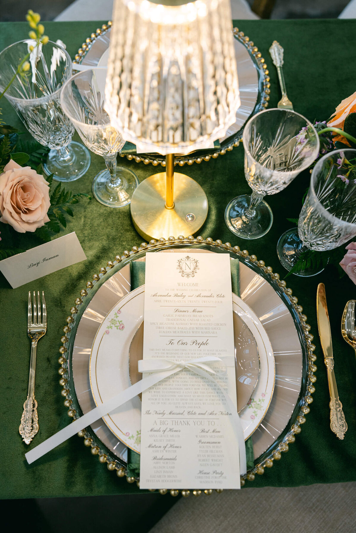 A wedding day photo of the dinner menu for the wedding reception