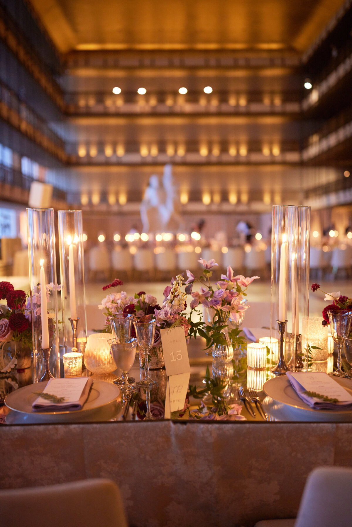 floral and candle details on reception tables