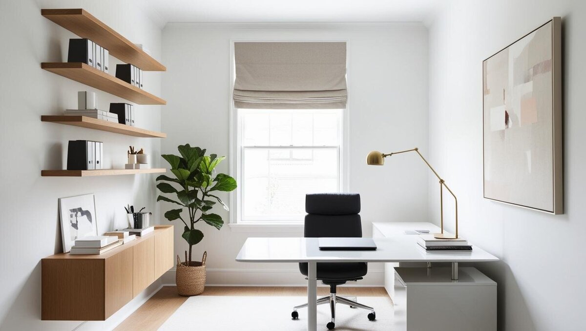 A serene minimalist home office with a white desk, black chair, and brass lamp. Floating oak shelves and framed art create a refined workspace, with natural light and a fiddle leaf fig adding warmth.