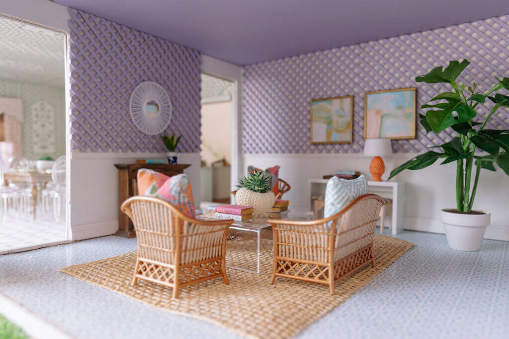 oyster creek studios petite palm beach dollhouse miniature wicker chairs and woven rug in living room