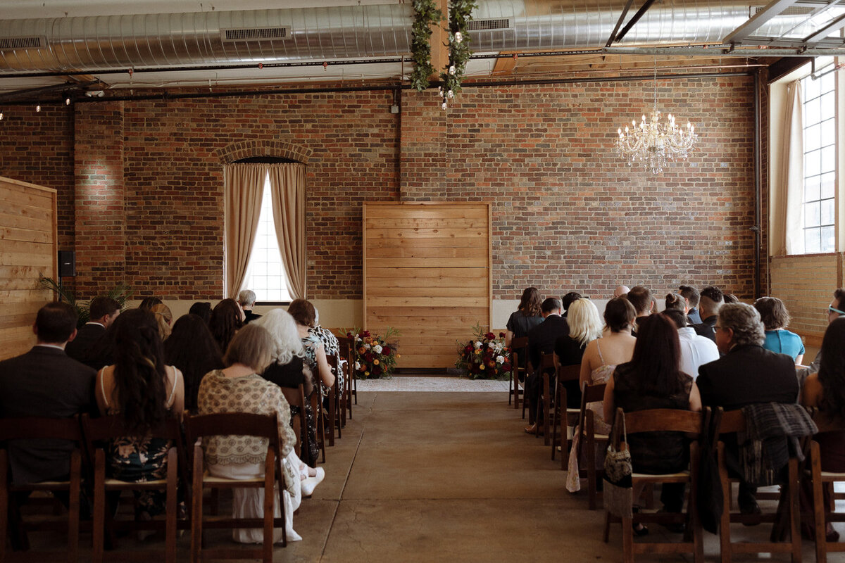 Ceremony setup and guests at Upper Larimer in Denver Colorado.
