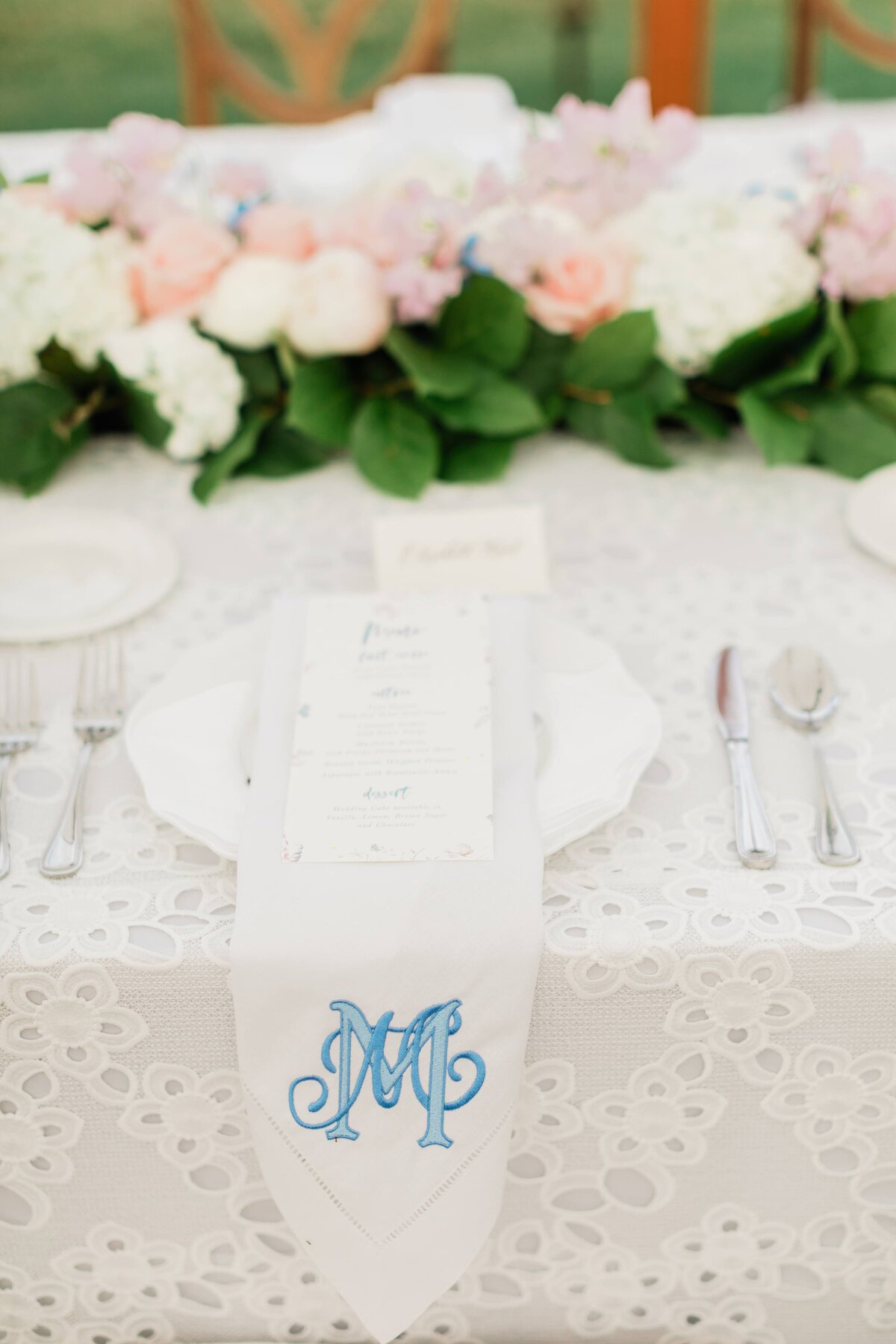 Monogram napkin for a wedding headtable place setting Blue monogram