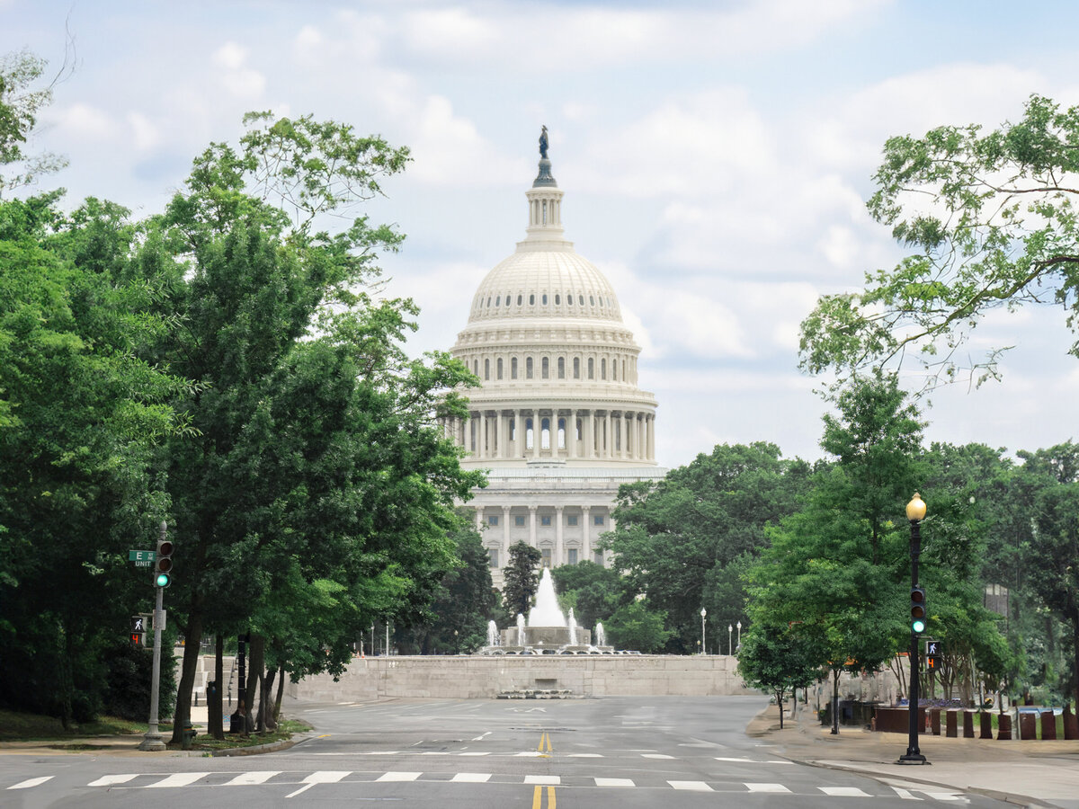 View of the United States Capitol building in Washington, D.C., with its iconic dome surrounded by trees. The street leading to the building is empty, and the sky is partly cloudy.