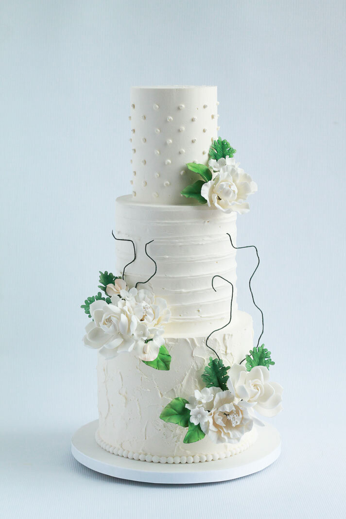 three tier textured buttercream wedding cake with flowers, Hamilton ON wedding cakes
