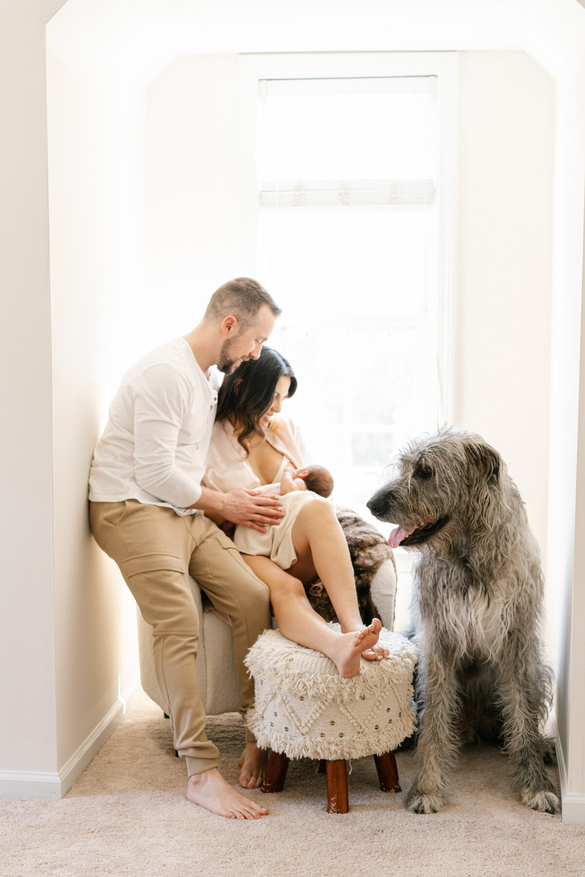 mom nursing newborn baby with dad and dog cuddled up