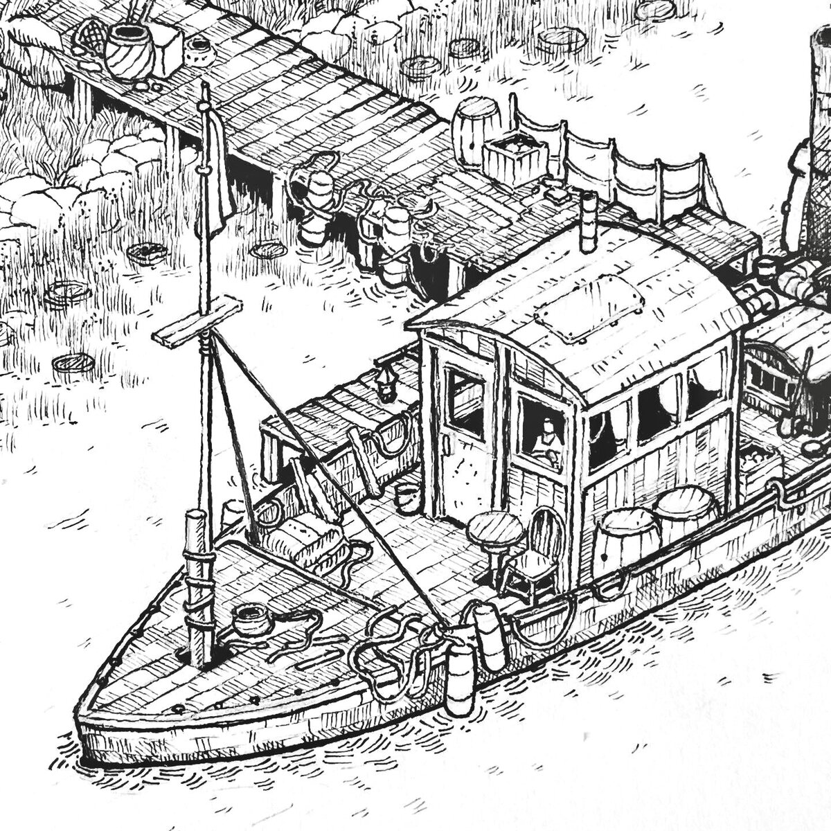 Detailed shot of the boat illustrated for Inktober 52 2022 prompt: Victorian