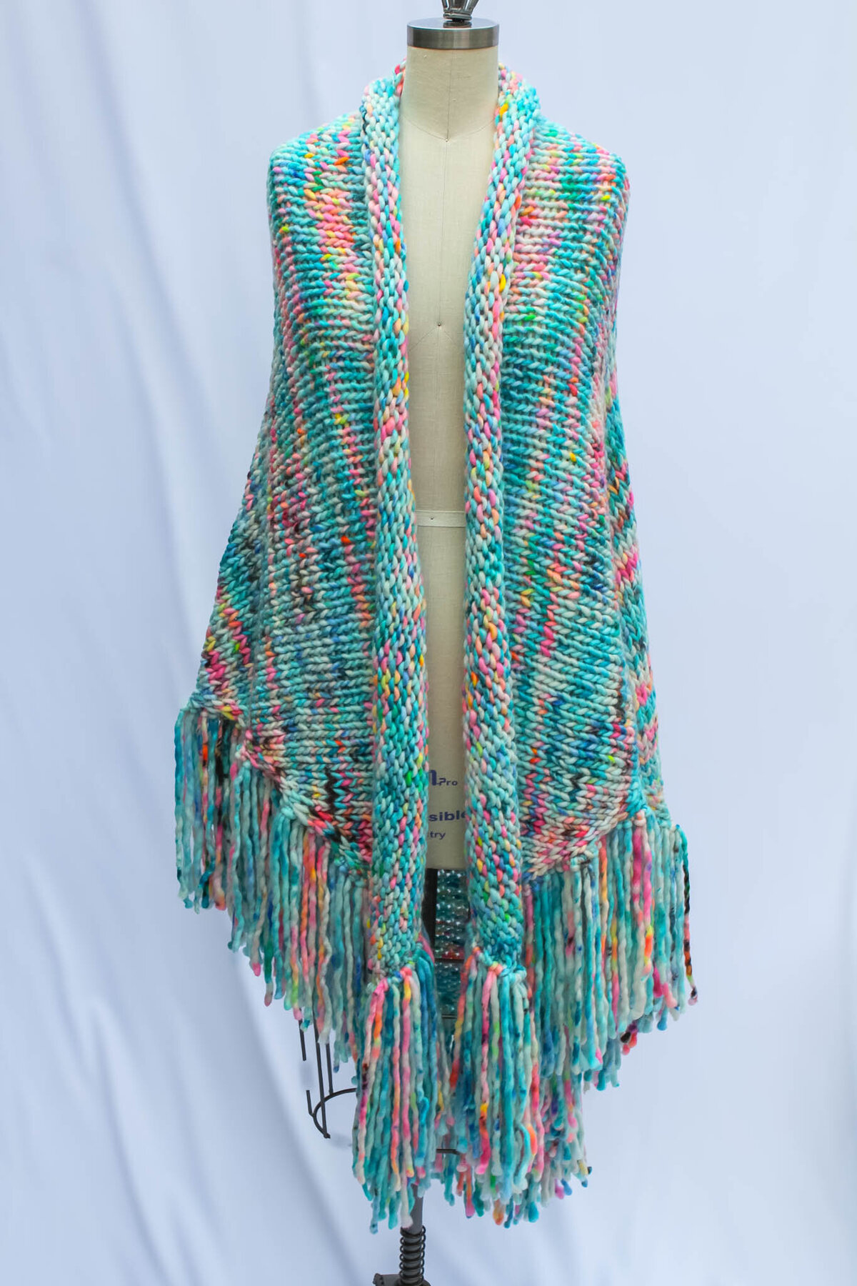 Hand knit shawl front view