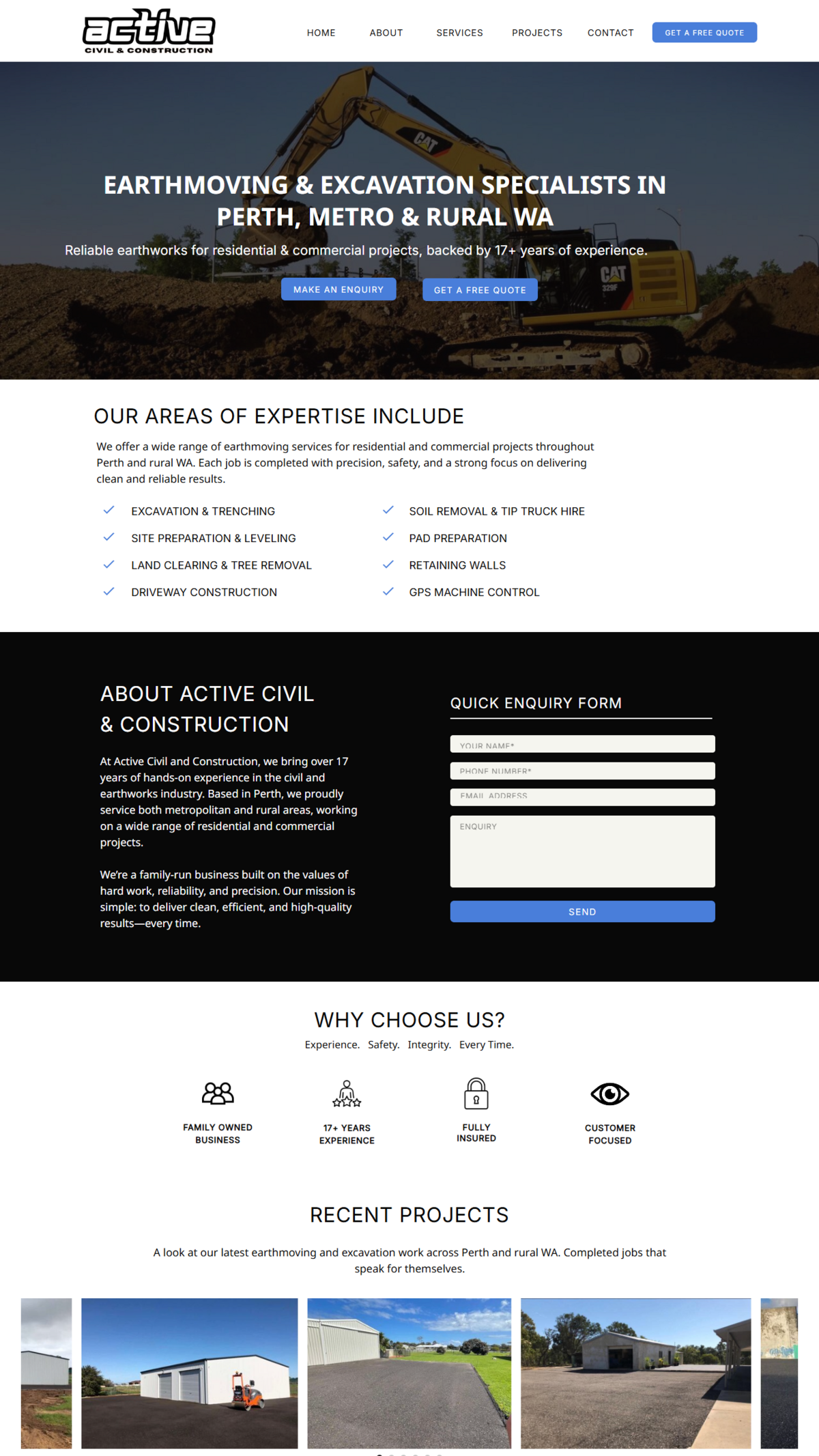 Custom website design for Active Civil and Construction by Karla Jane Web Design – earthworks and site preparation services in WA.