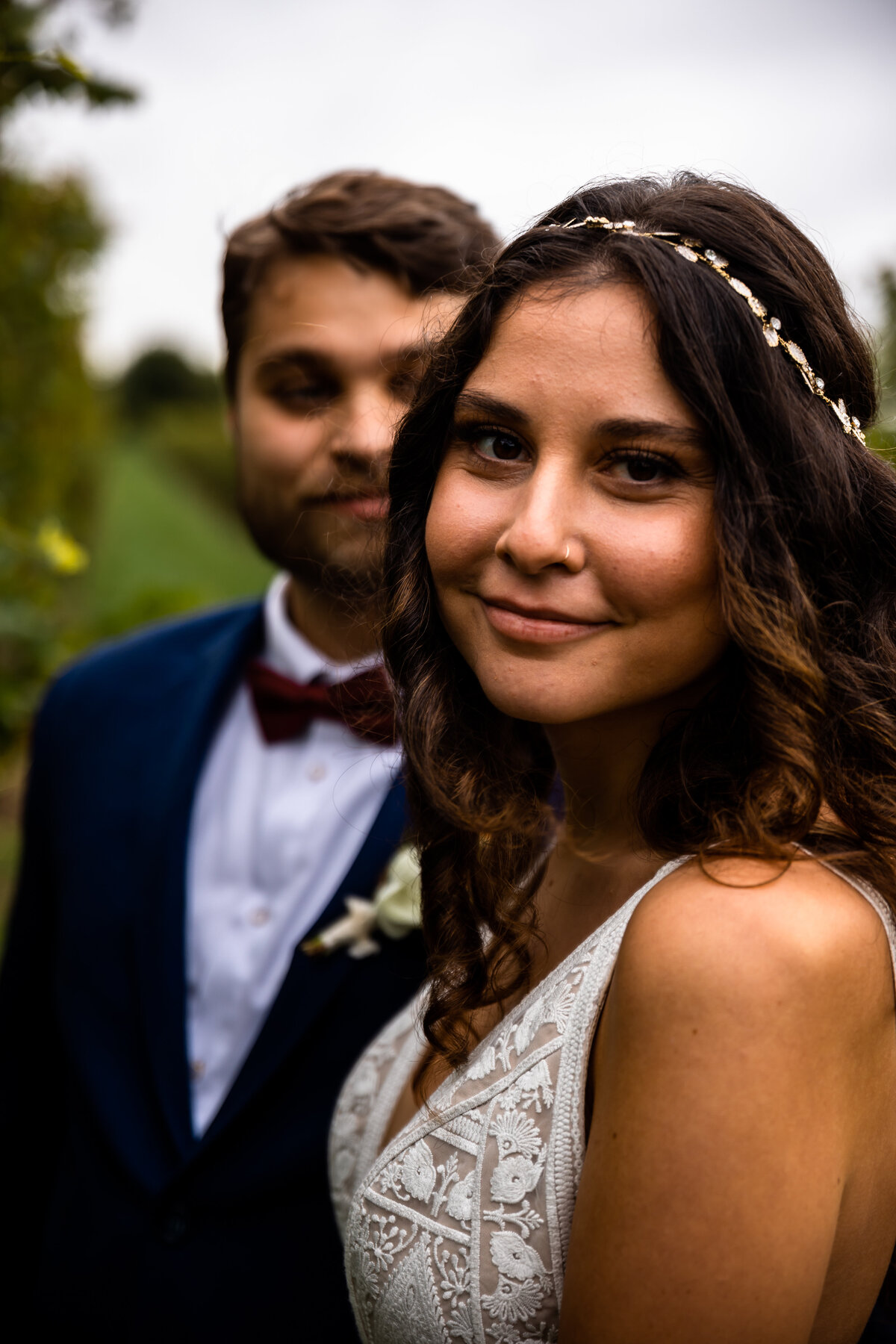 A portrait of a bride and groom after their wedding.