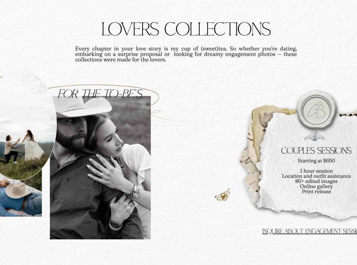 Wedding photography packages copywriting for the "Lovers Collection"