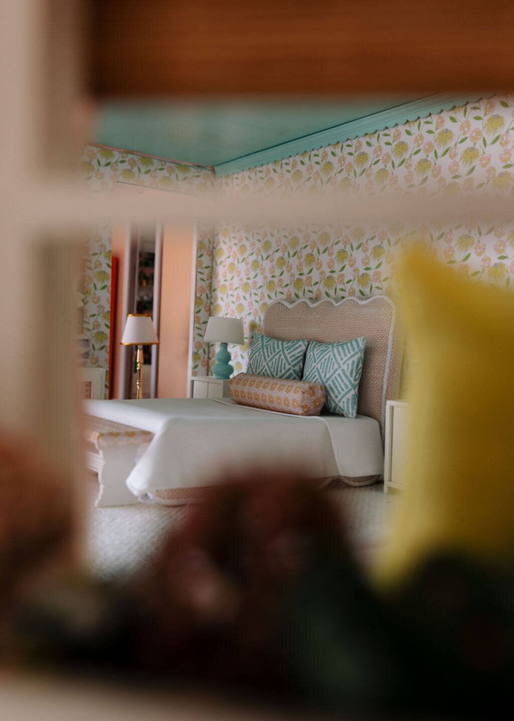 oyster creek studios petite palm beach dollhouse bed with light blue pillows in bedroom