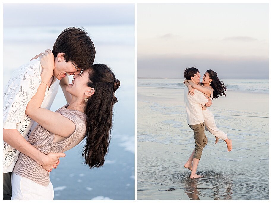 engaged couple hugging and twirling at coronado beach san diego