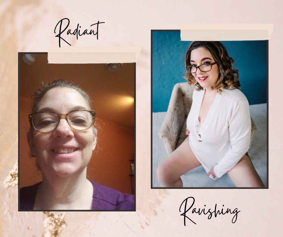 woman in glasses and white sweater posing at the Minneapolis Boudoir Studio