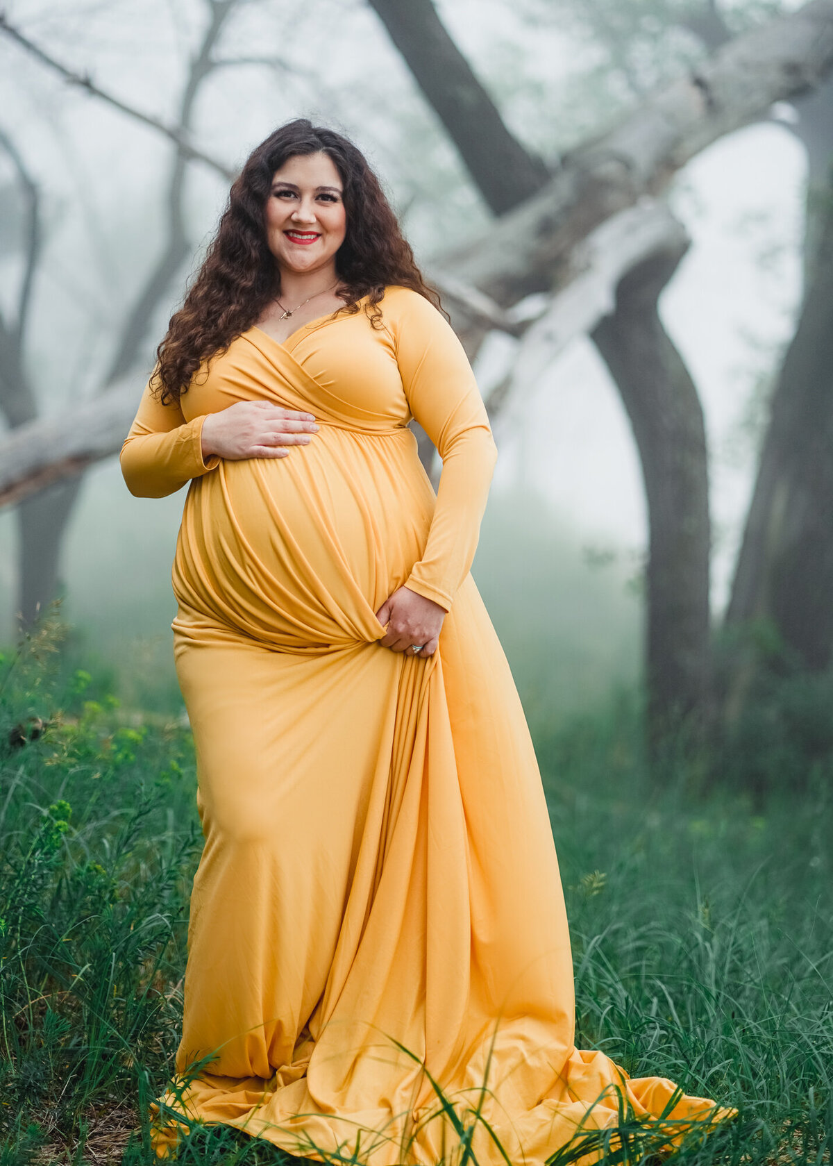 Outdoor Maternity photo with trees and mist custom dress