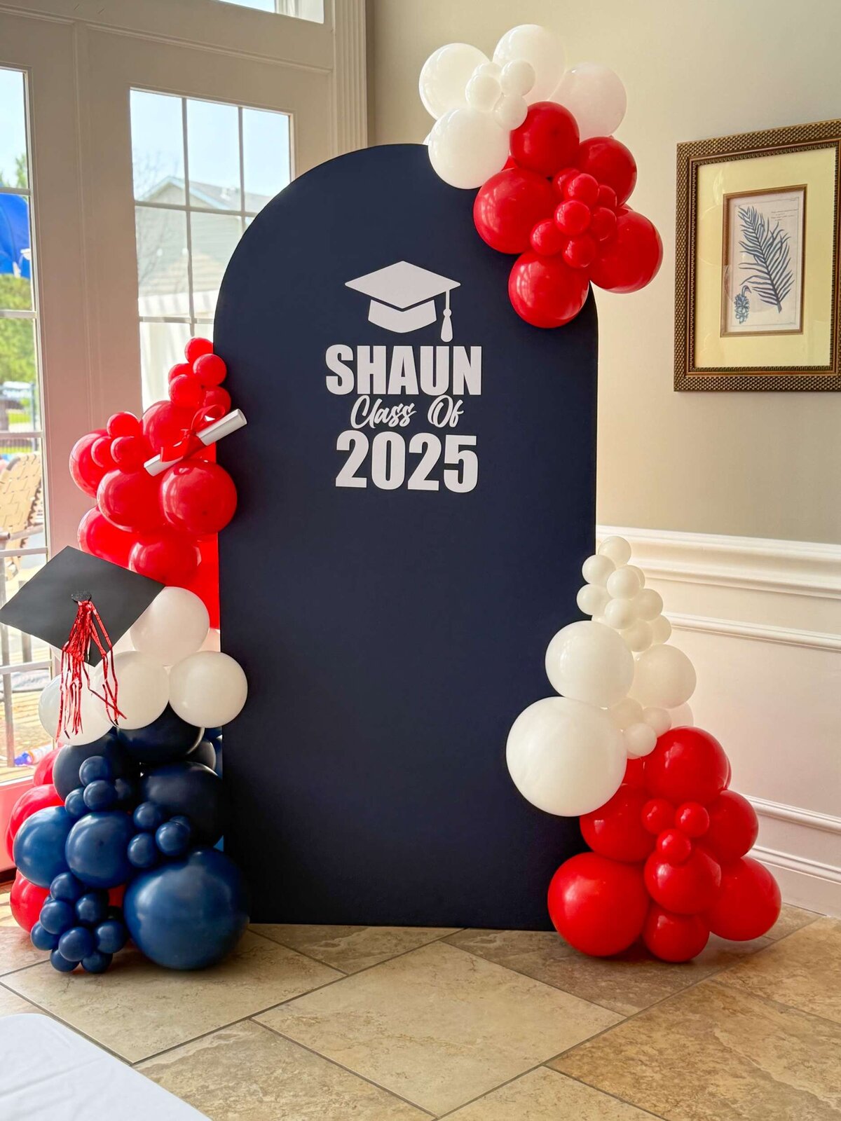 Frontenac balloons for school events - red, navy, white graduation balloons