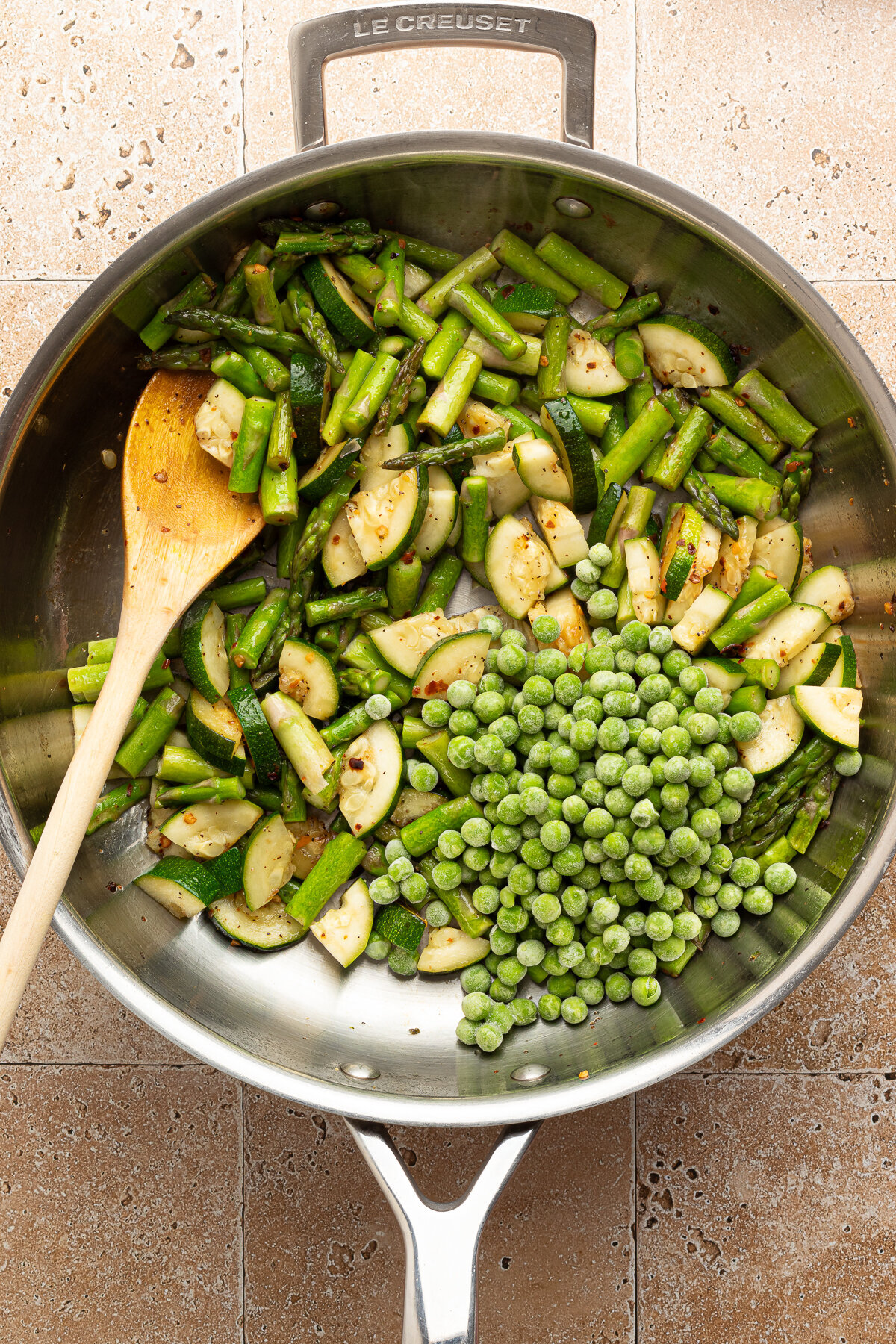 green beans and peas in a pan