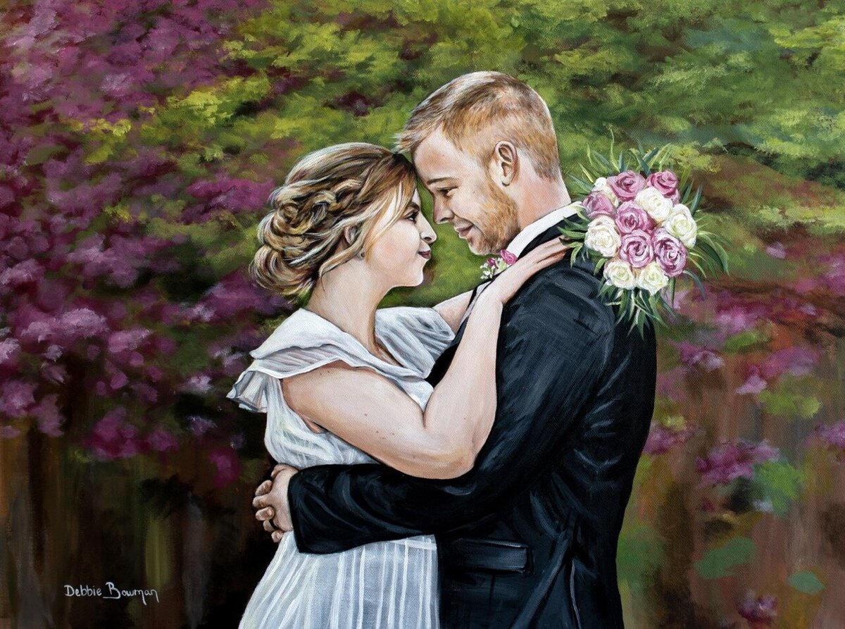 Painting of a bride and groom embracing and holding a bouquet