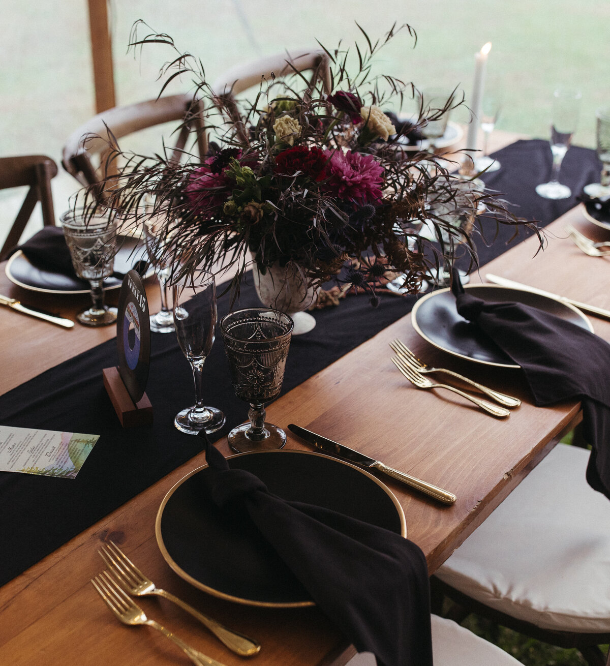Maine black tablescape at wedding reception
