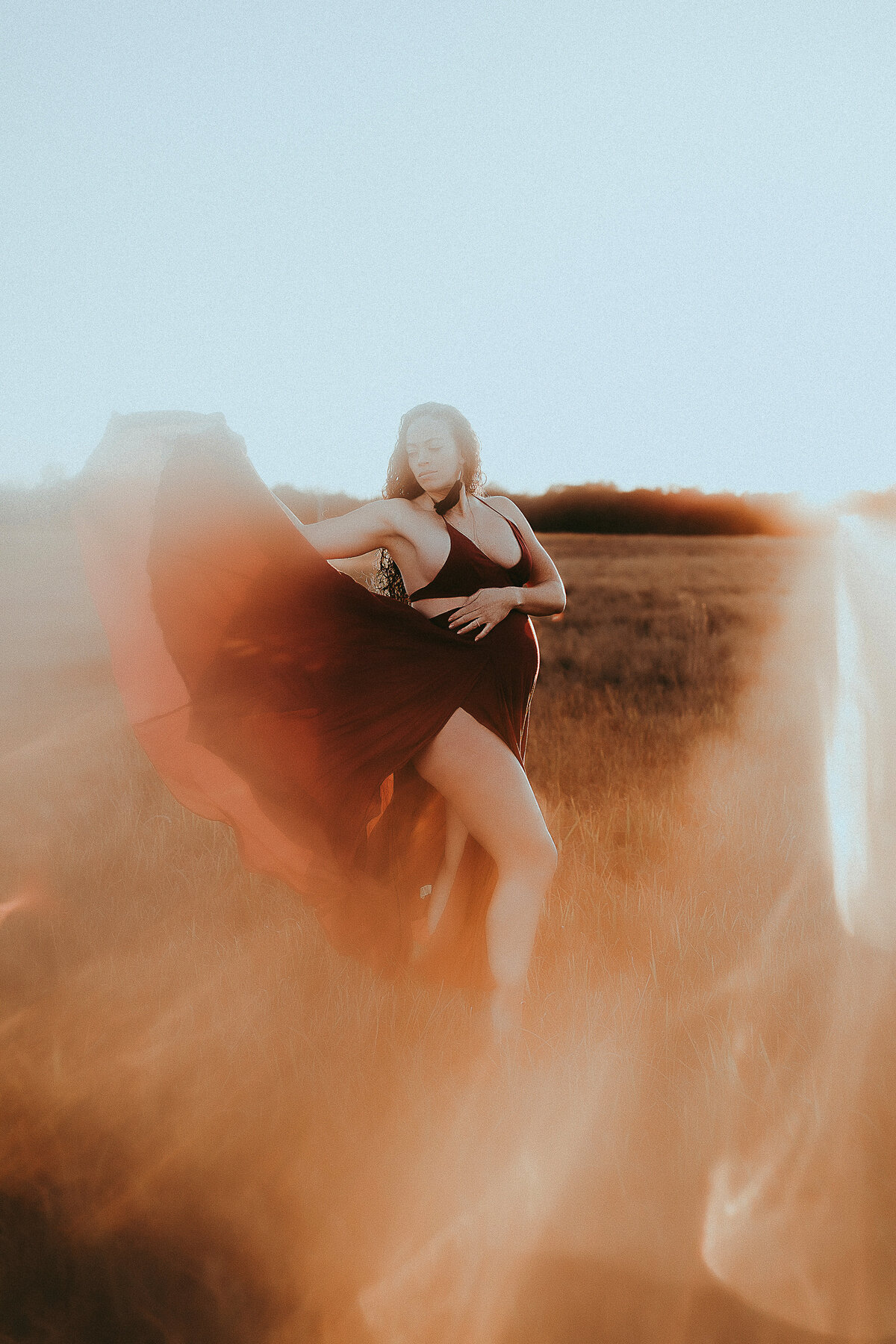 red-long-dress-field-maternity