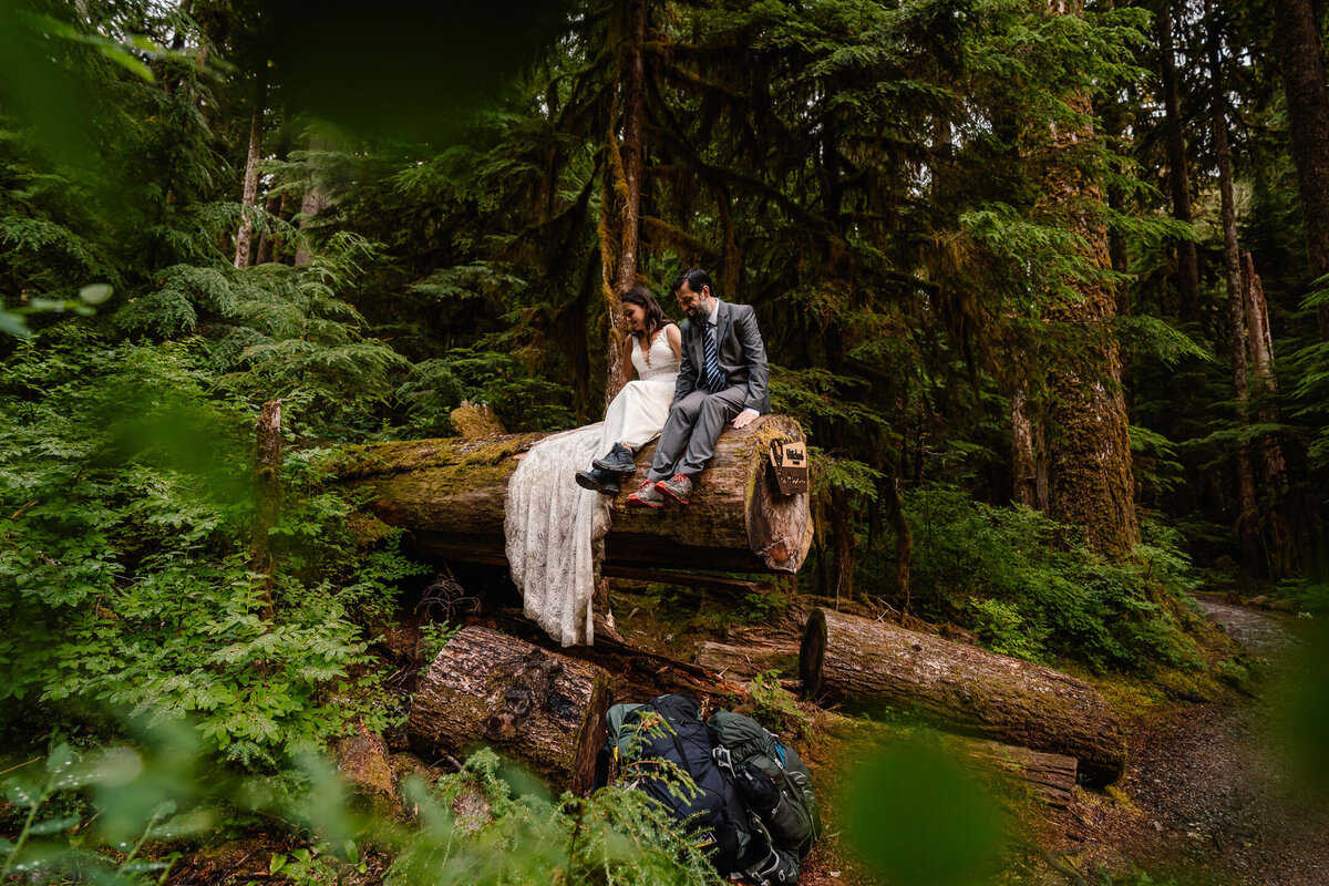 A couple in wedding attire sits on a fallen log, smiling and dangling their feet with their hiking packs placed below them during their Olympic National Park elopement