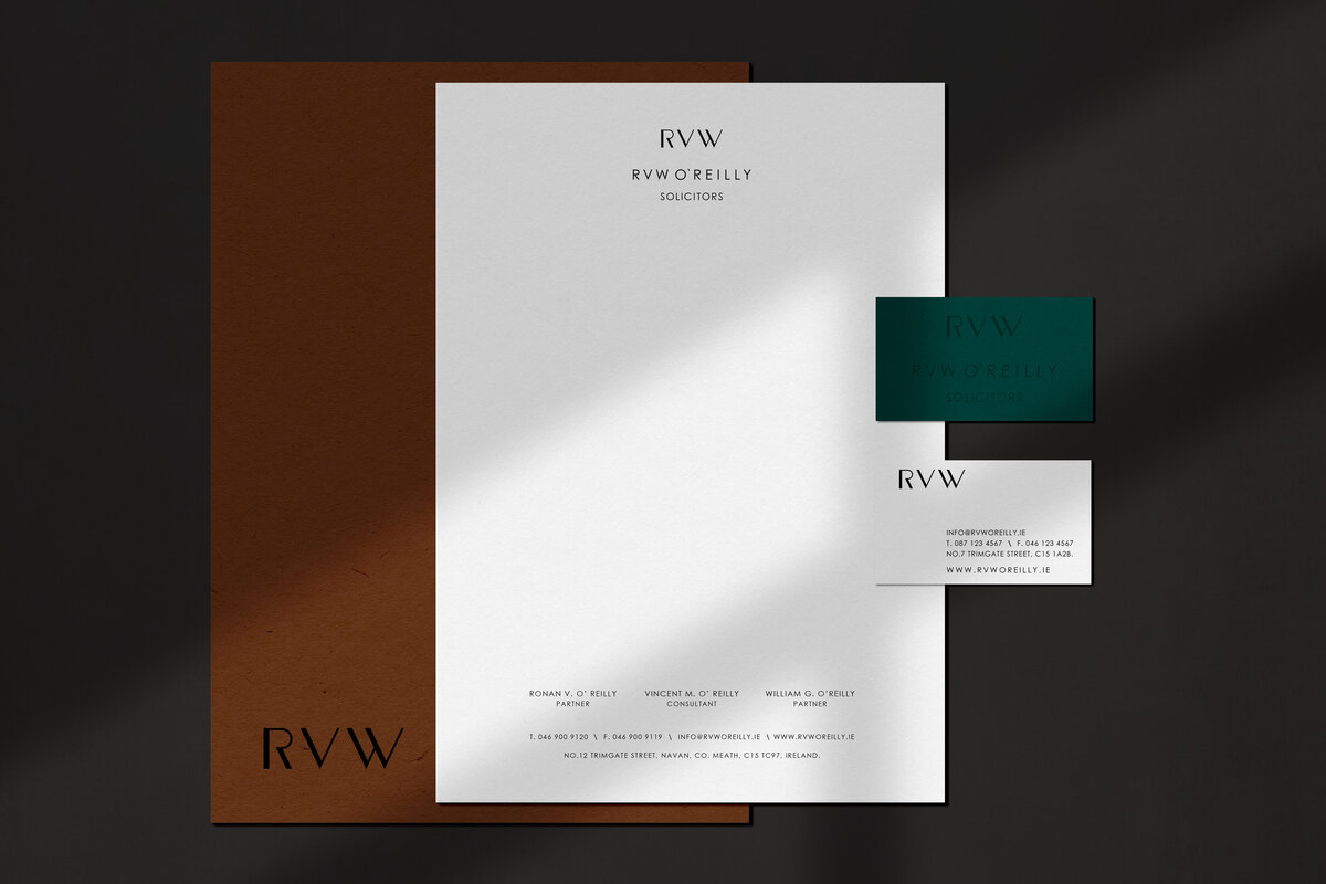 Minimal, bold, modern stationery deisgn inlcuding letterhead and business cards for custom brand client RVW.