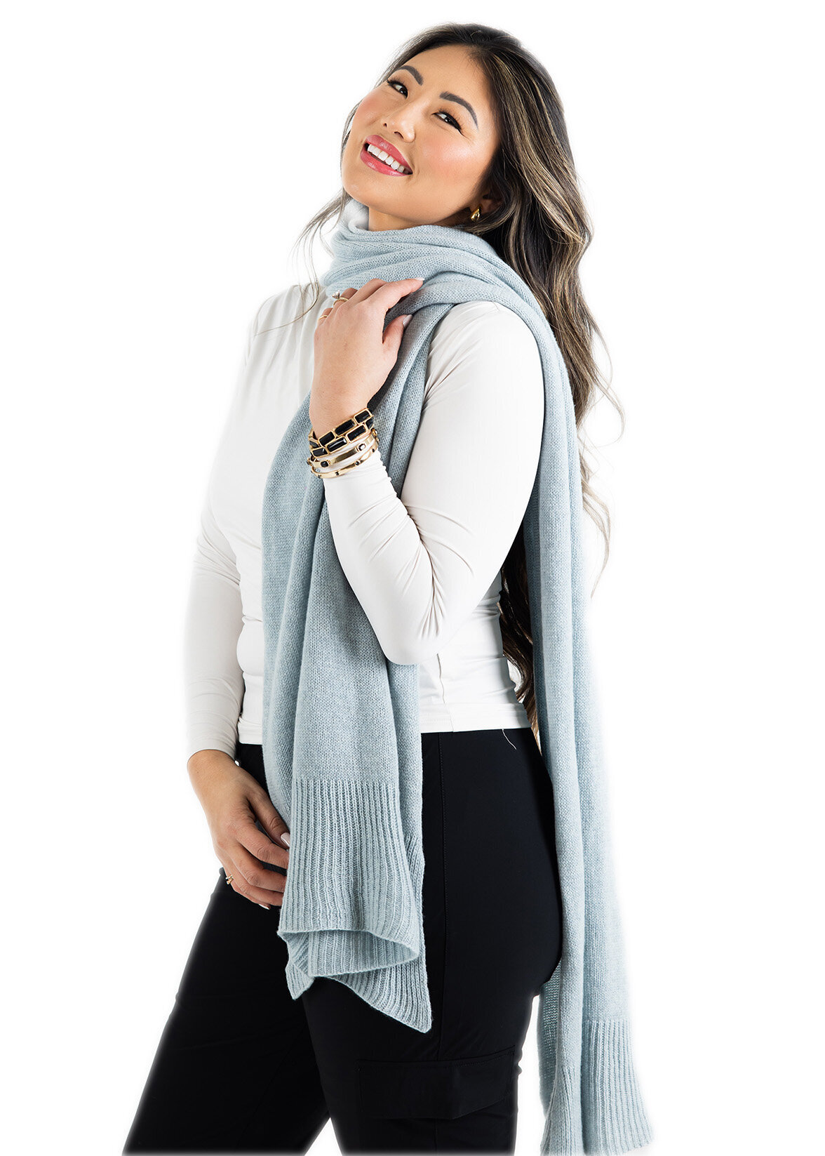 Bar Harbor Wrap Scarf Cashmere Heidi Hennessy Sky Blue White Close Up