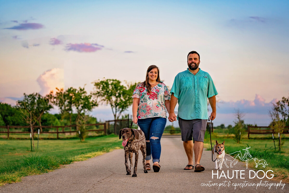 A couple walk their German Shorthair Pointer and Jack Russell Terrier dogs along an asphalt path under a soft pink sky.