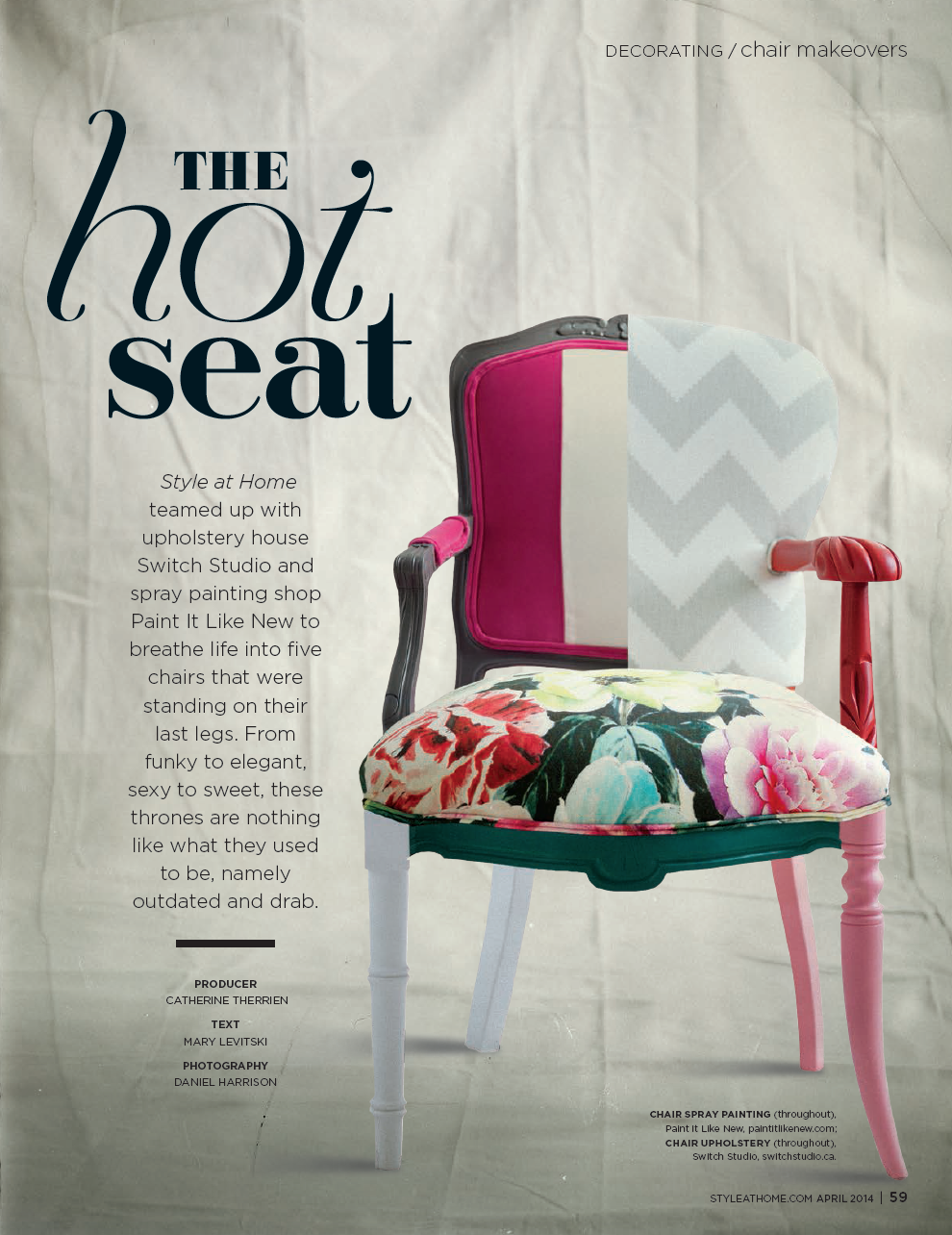 Upholstered chair featured in Style At Home Magazine