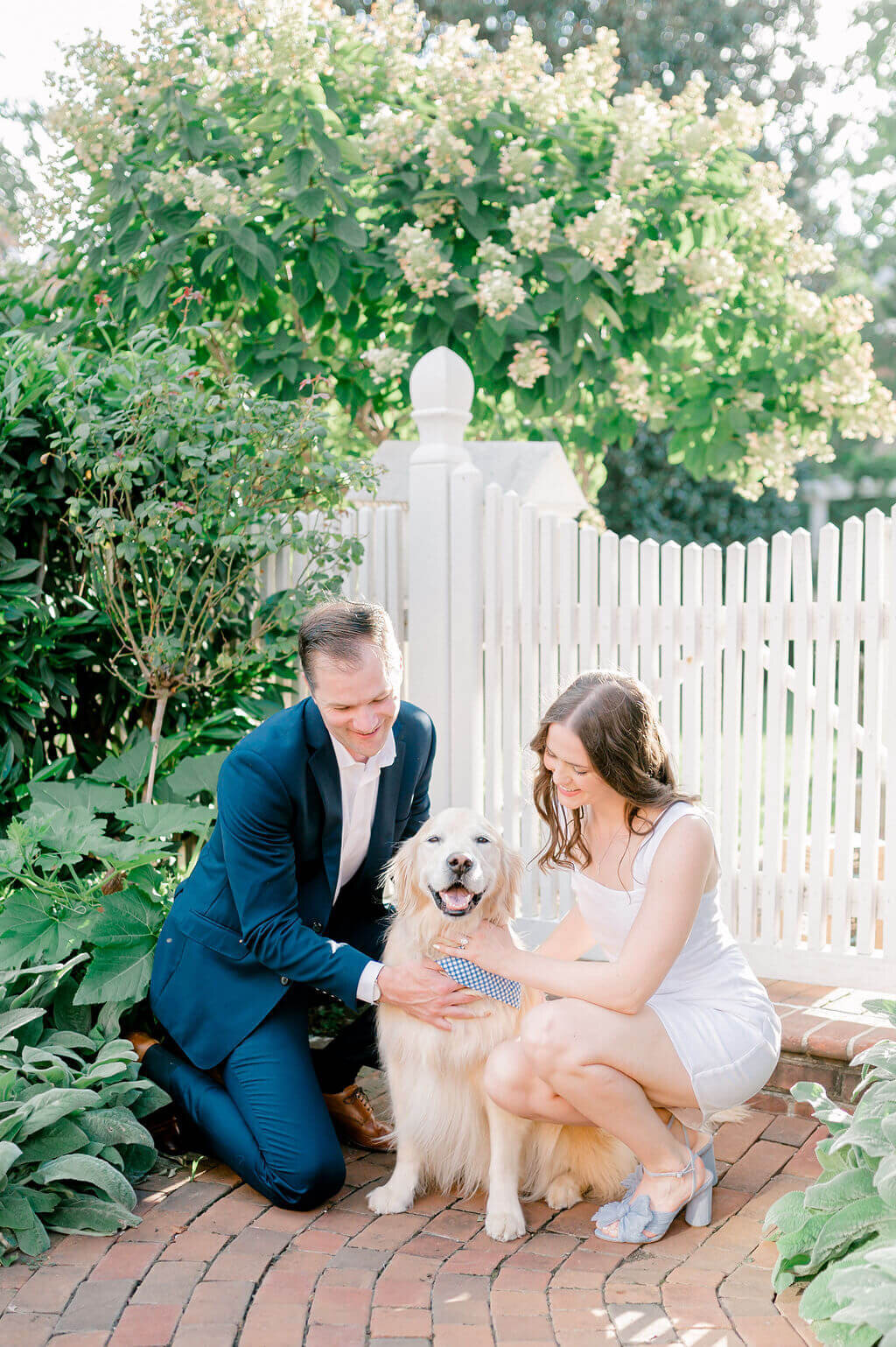 Loving photo of a couple kneeling down and petting their golden retriever during engagement session taking place right outside of Washington DC