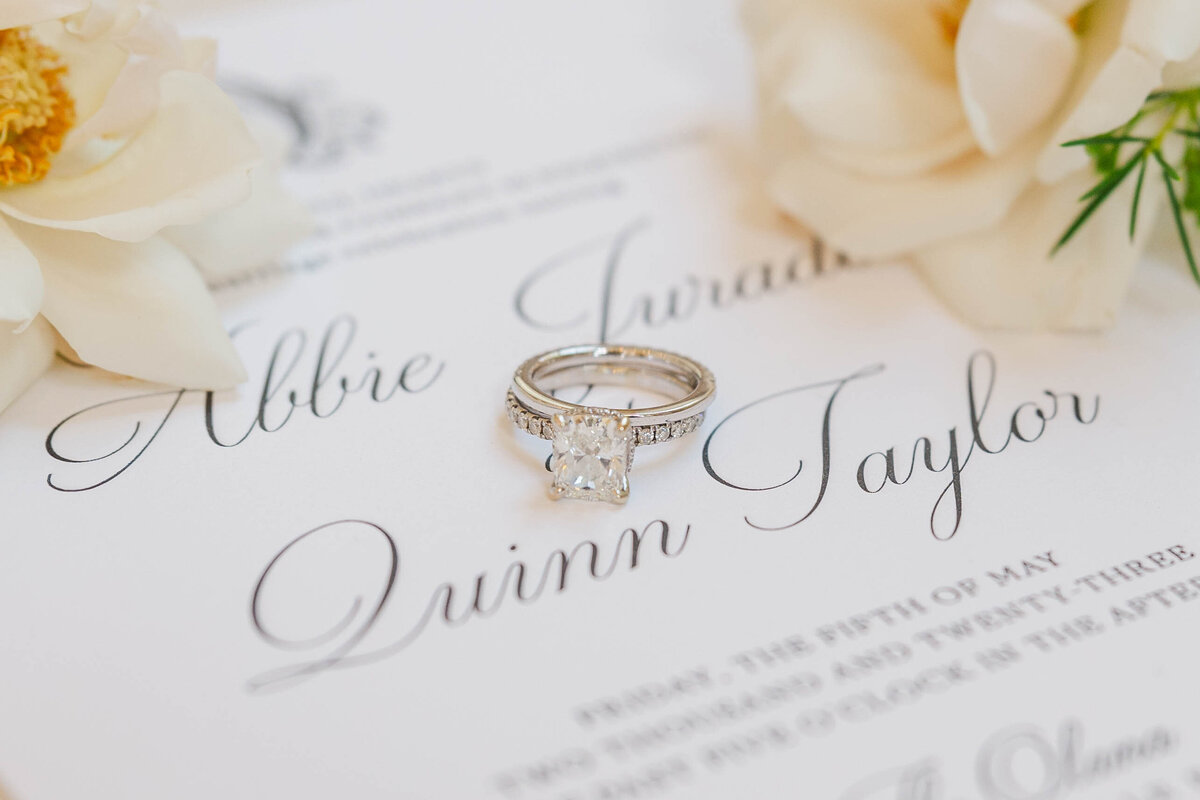 wedding-ring-on-their-invitation-with-ivory-roses